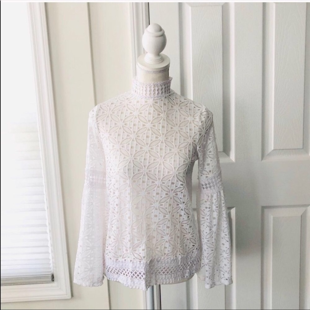 White crochet high neck bell sleeve blouse
